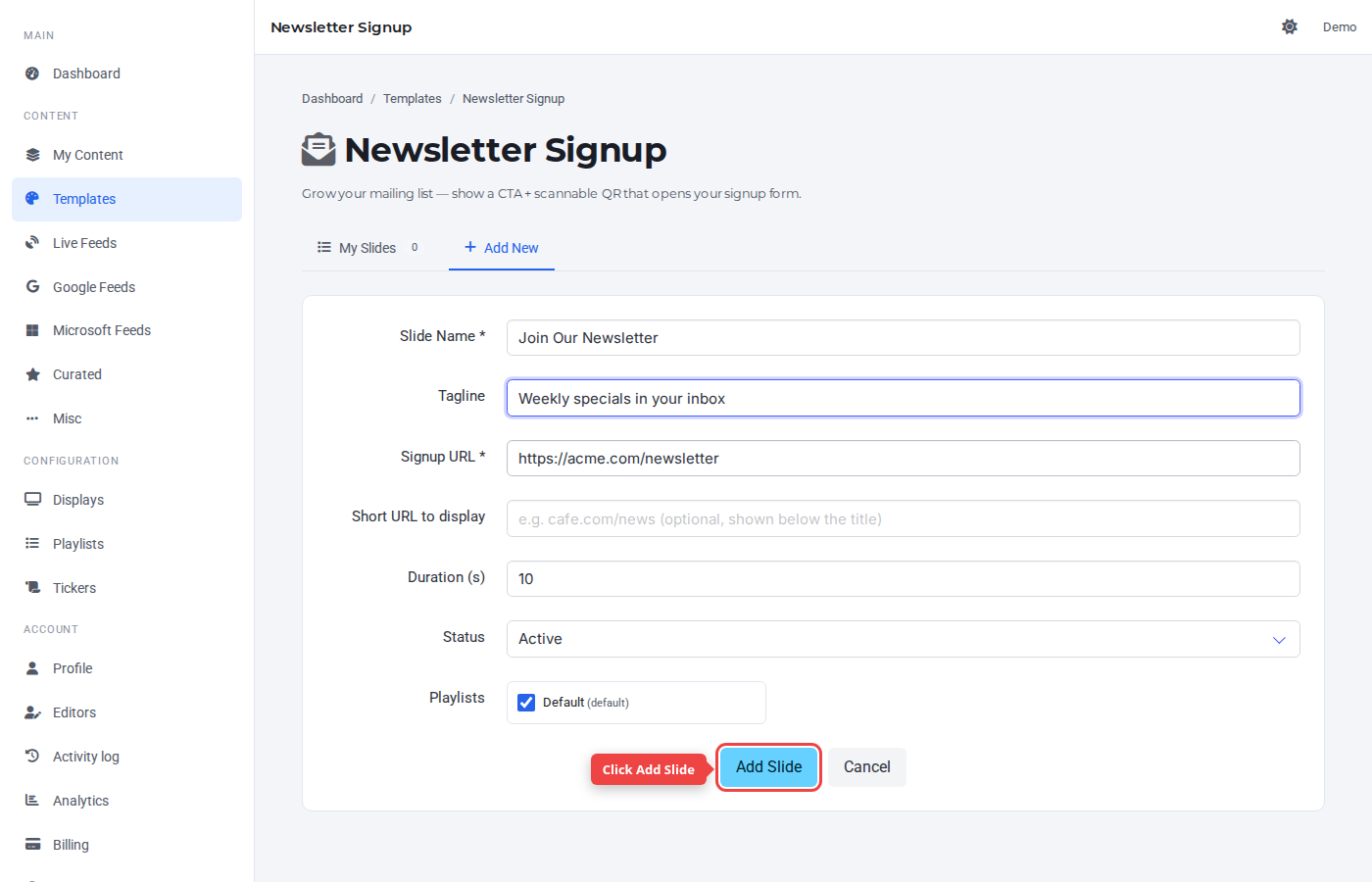 Form bottom with the Add Slide button highlighted