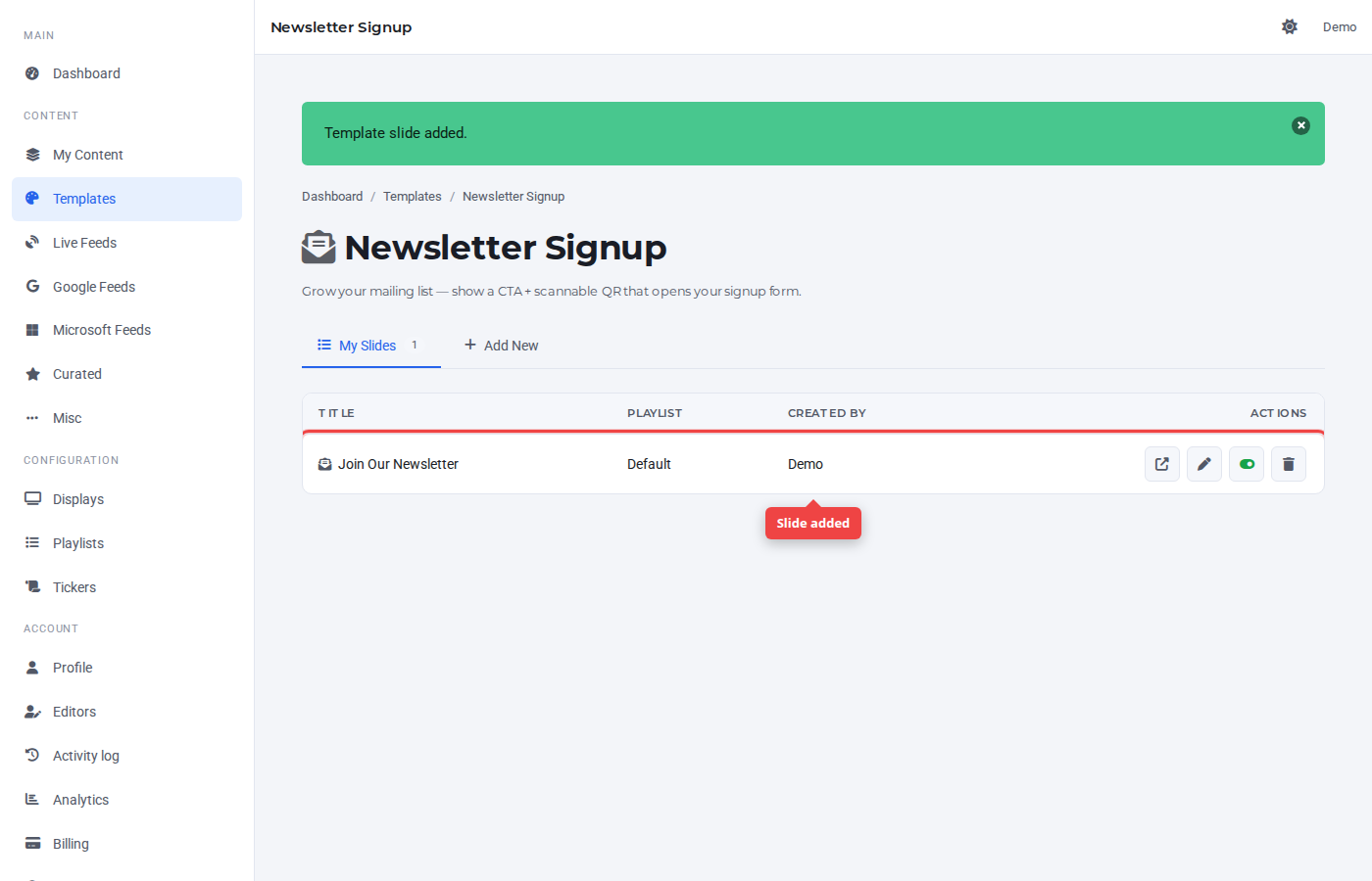 My Slides tab with the new entry highlighted