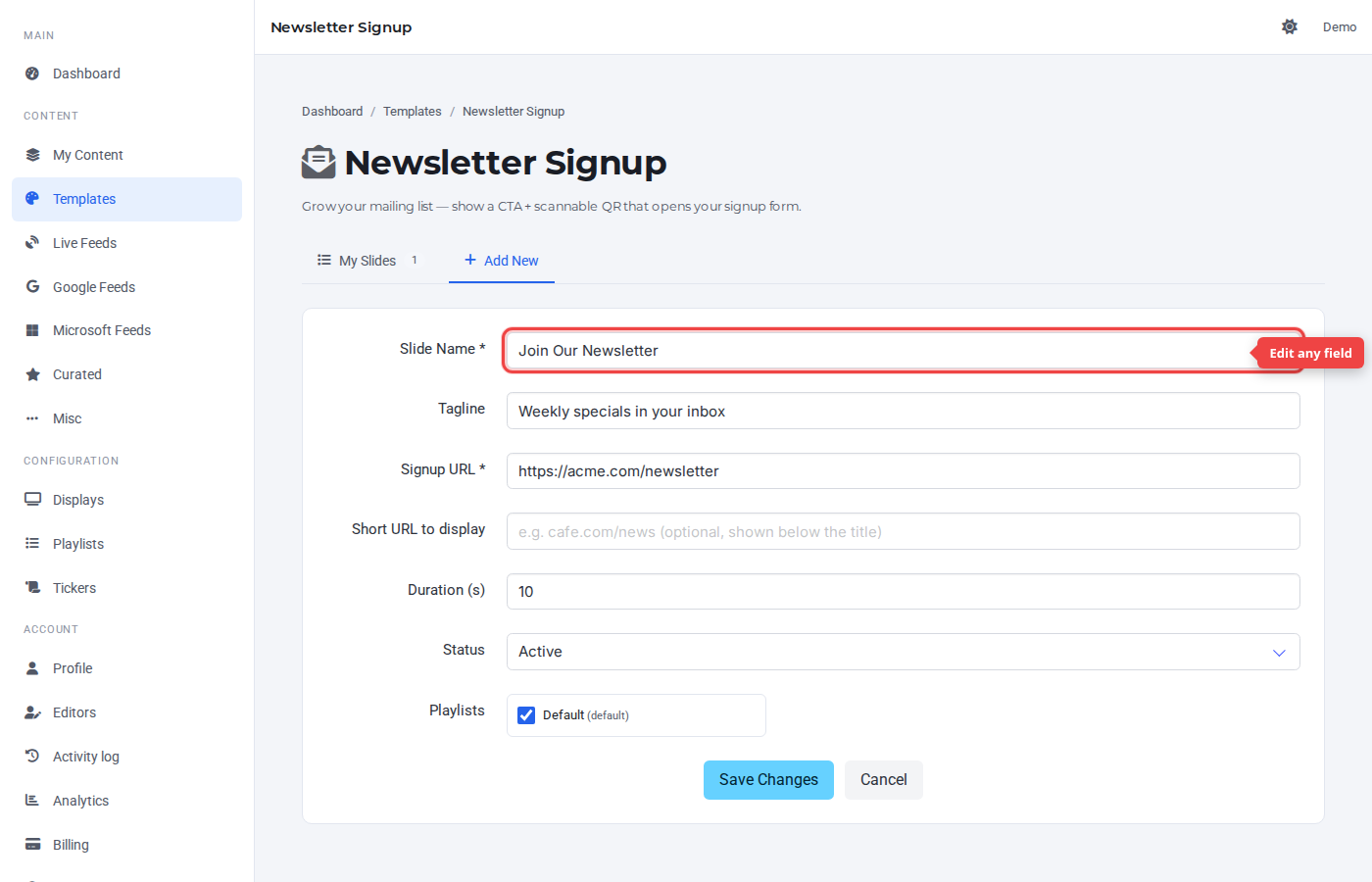 Edit form pre-filled with the slide's saved values