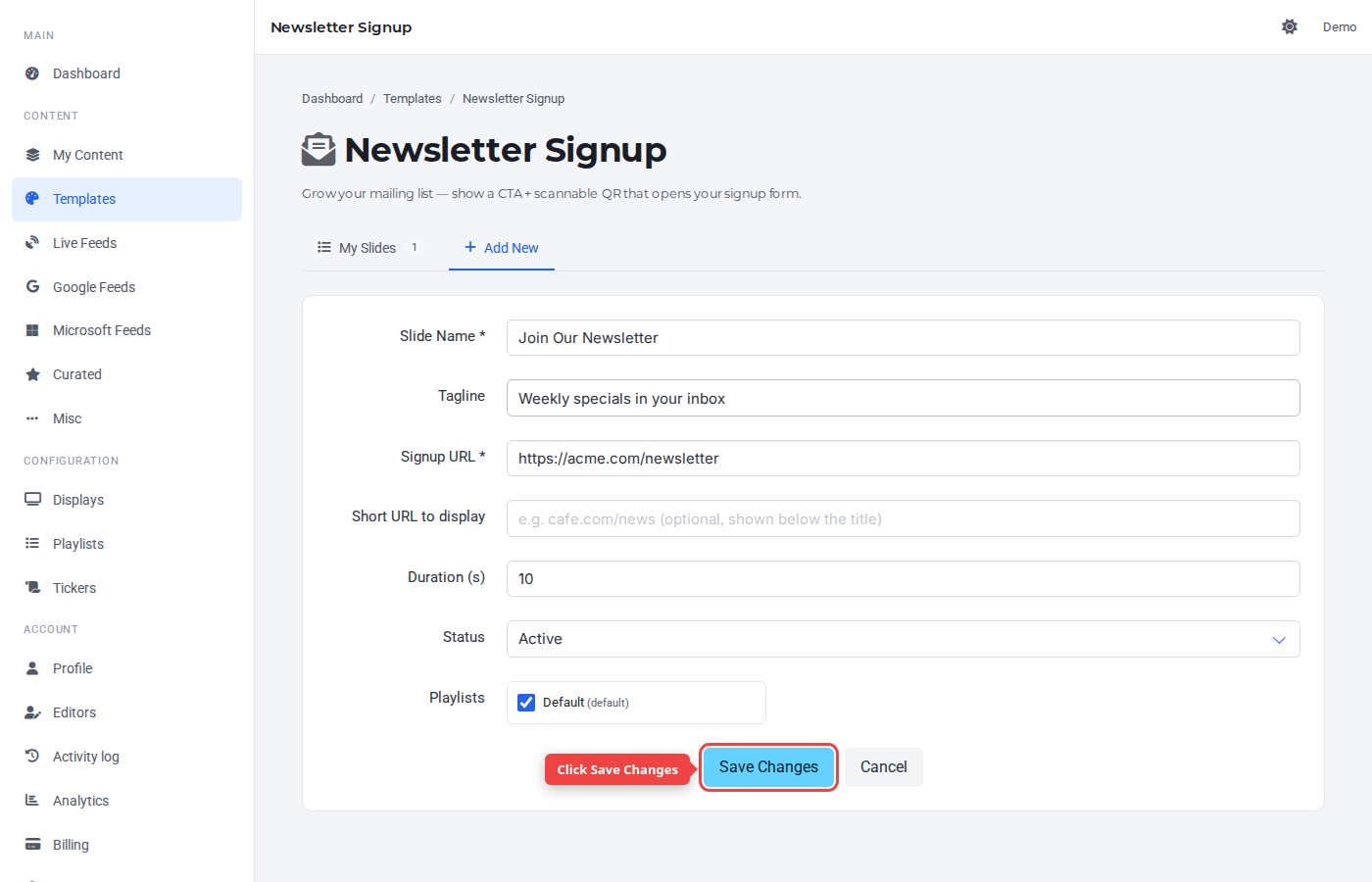 Form bottom with the Save Changes button highlighted