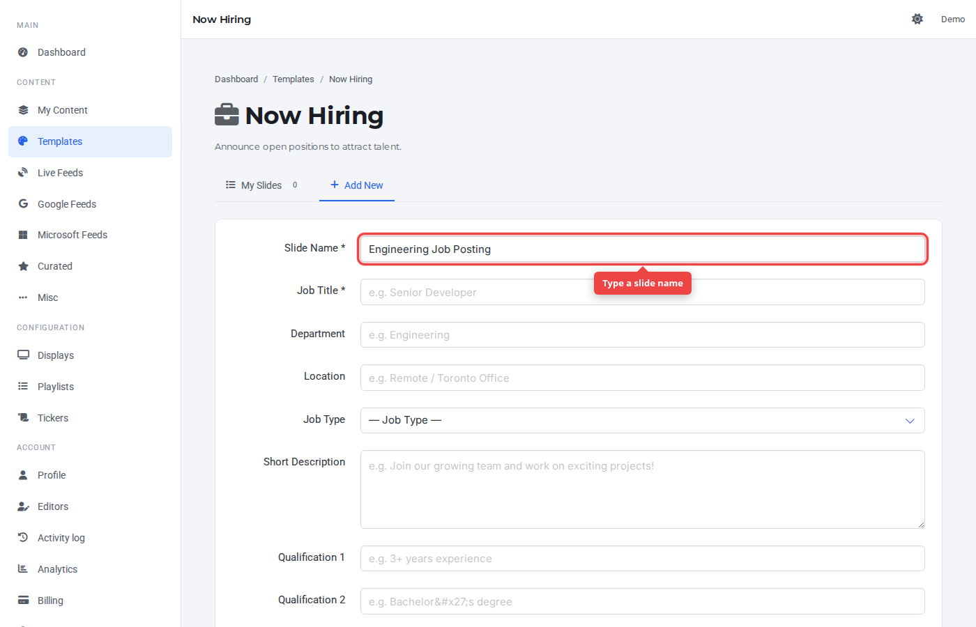 Slide Name field highlighted on the Add New tab