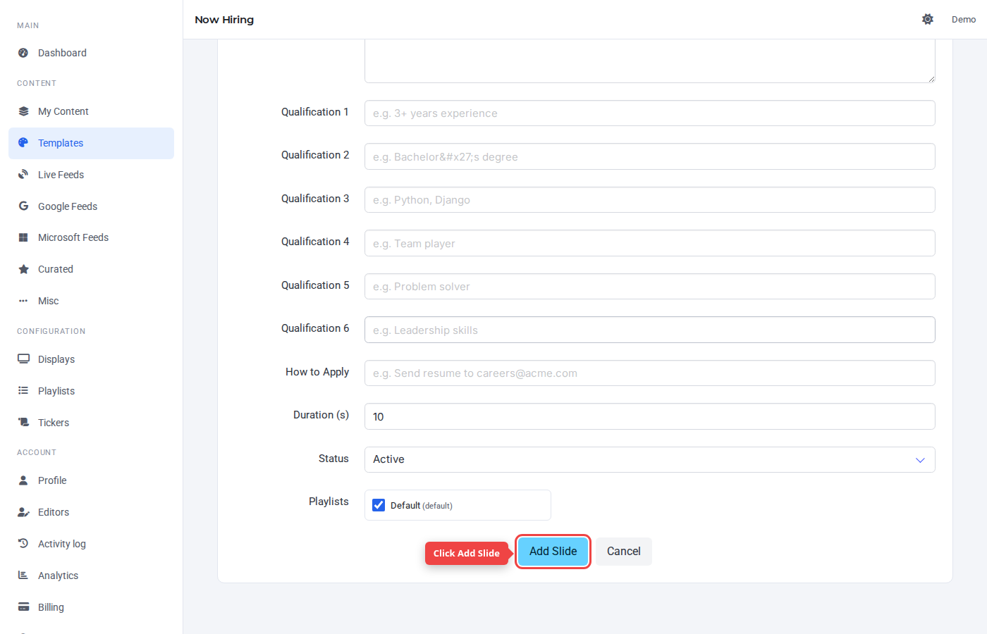 Form bottom with the Add Slide button highlighted