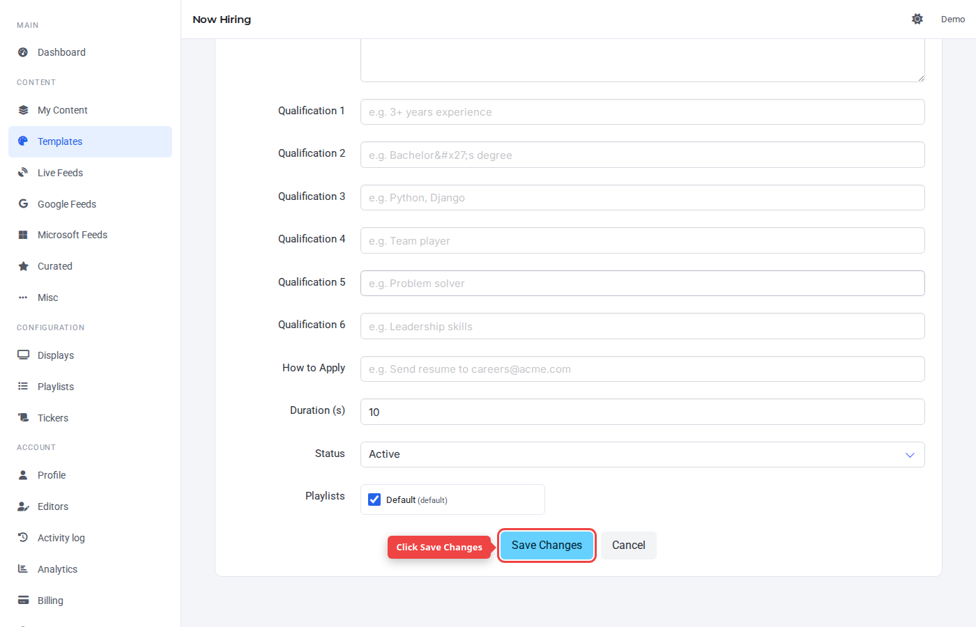 Form bottom with the Save Changes button highlighted
