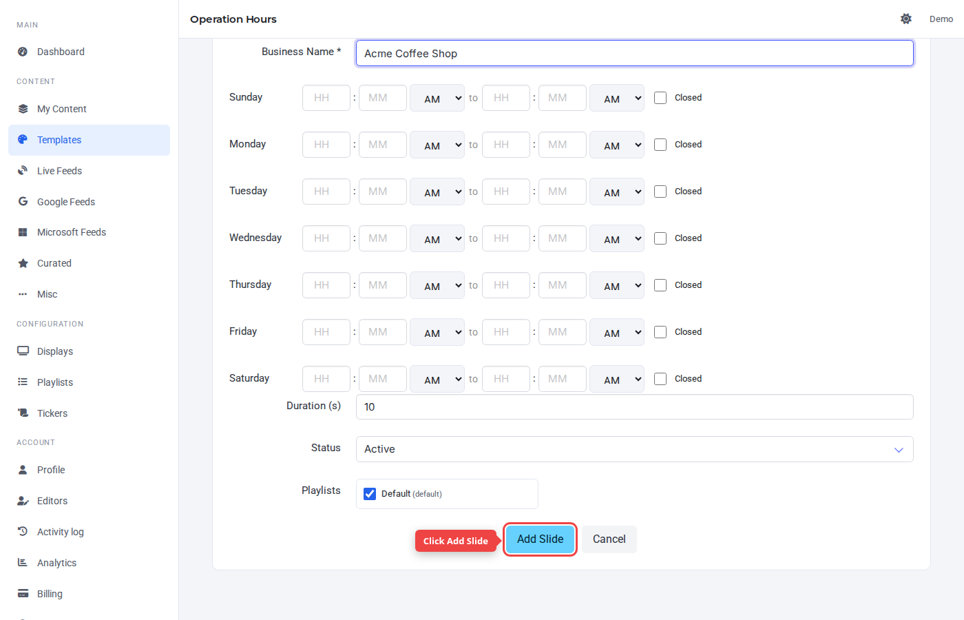 Form bottom with the Add Slide button highlighted