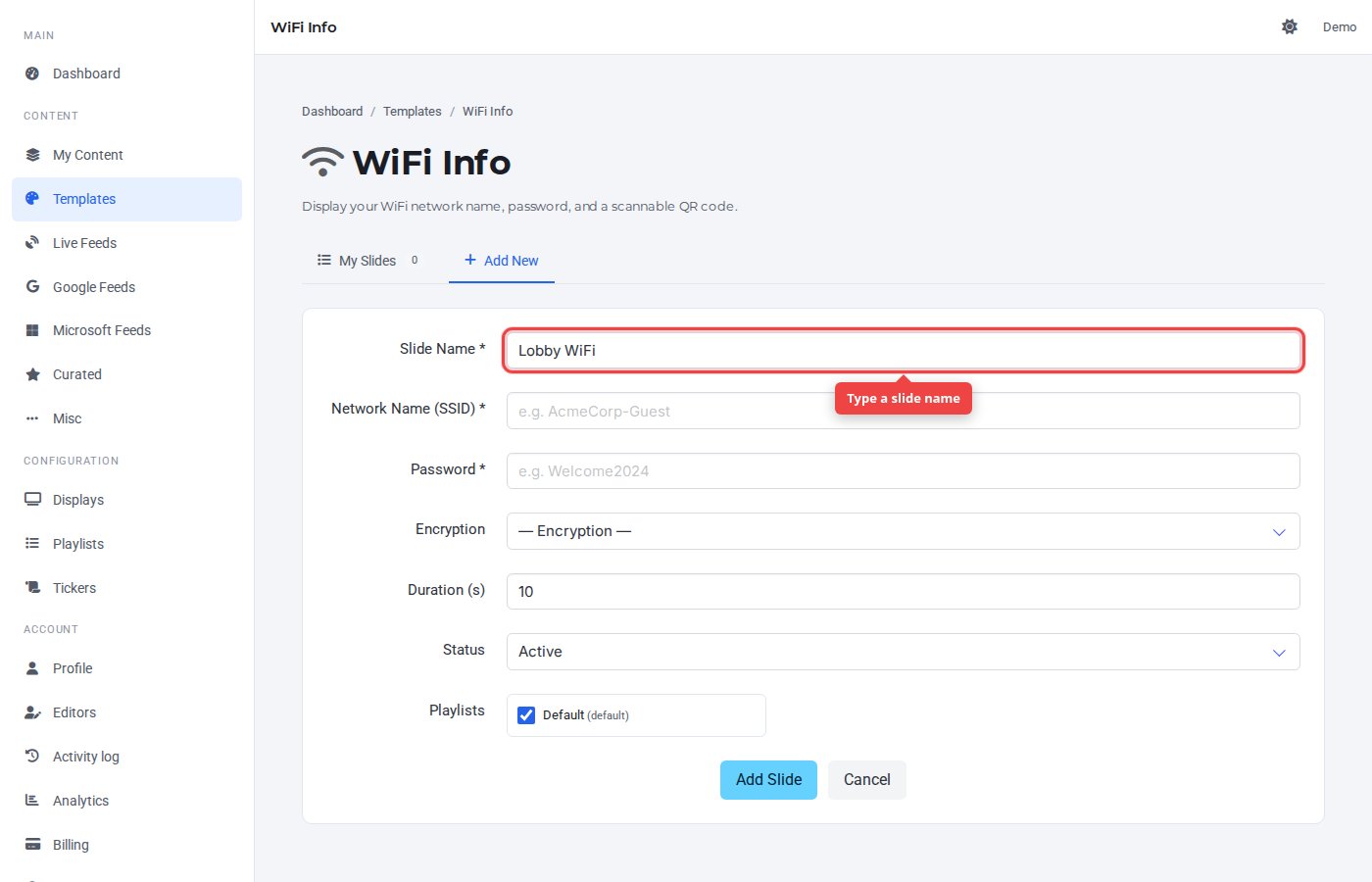 Slide Name field highlighted on the Add New tab