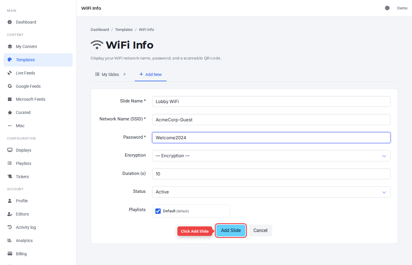 Form bottom with the Add Slide button highlighted