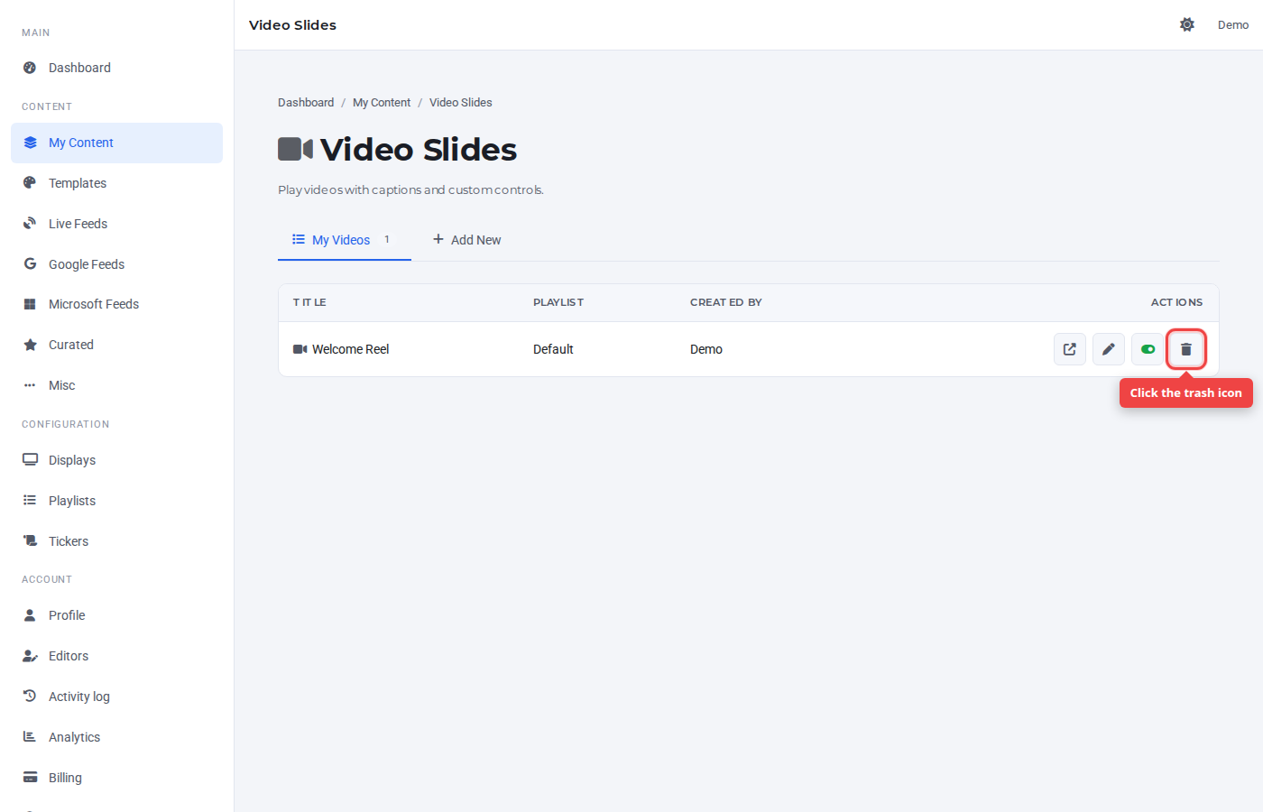 Video Slides row with the trash icon highlighted