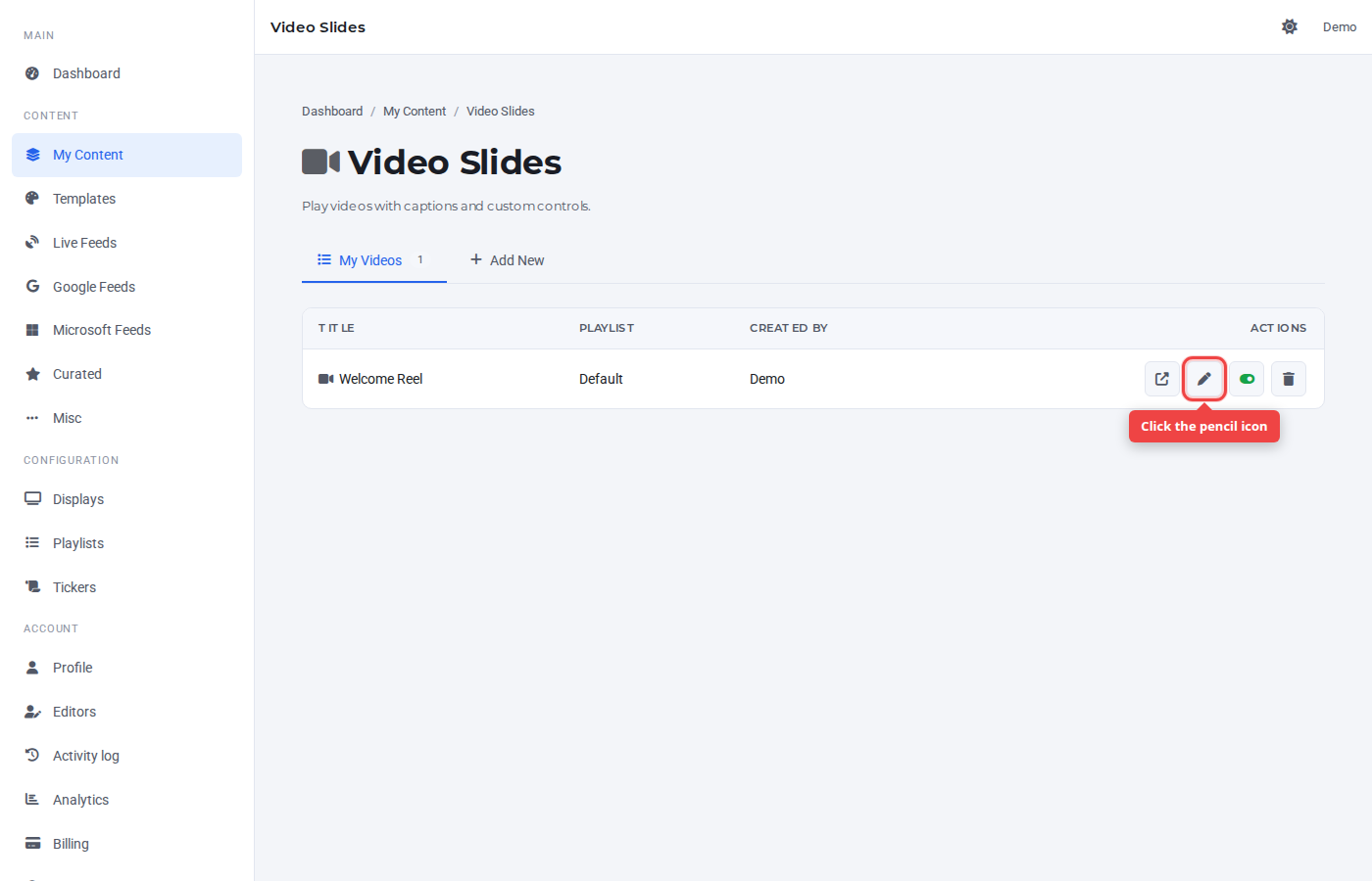 Video Slides row with the pencil (edit) icon highlighted