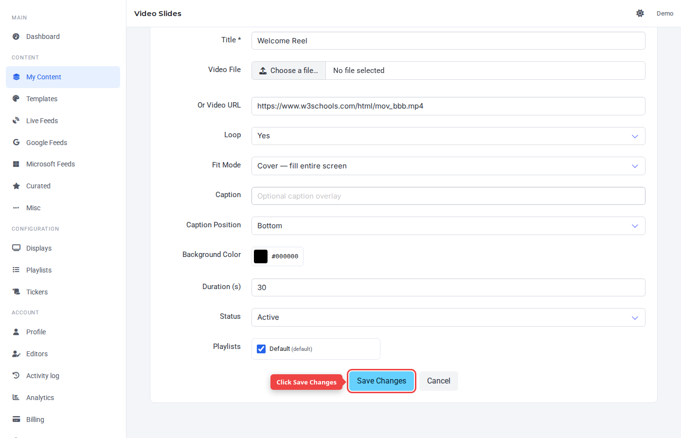 Form bottom with the Save Changes button highlighted