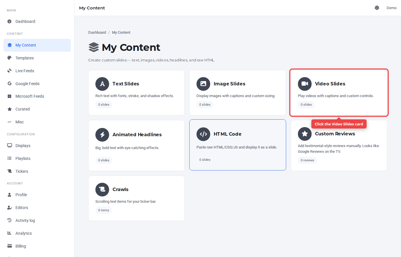 My Content hub with the Video Slides card highlighted