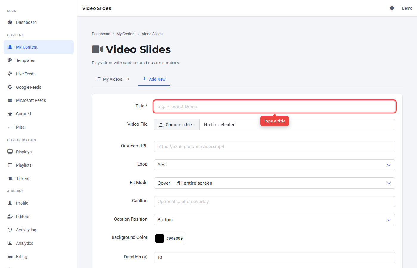 Empty video form with the Title field highlighted