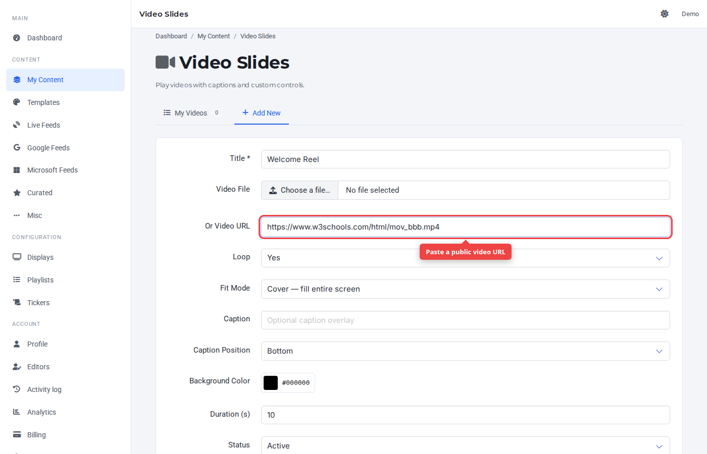 Video form with the URL field highlighted