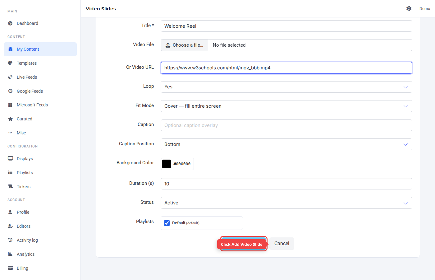 Form bottom with the Add Video Slide button highlighted